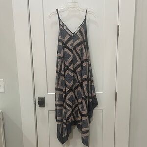 Easel Asymmetrical Dress in Blue and Pink Geometric Pattern